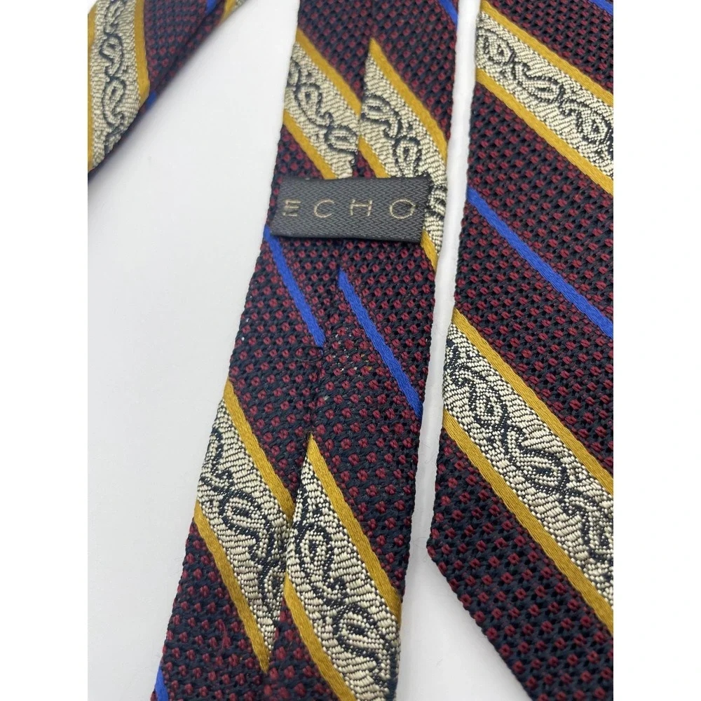 Echo Bruce Baird & Co Mens Silk Tie Burgundy Gold Blue Striped Scroll Italy